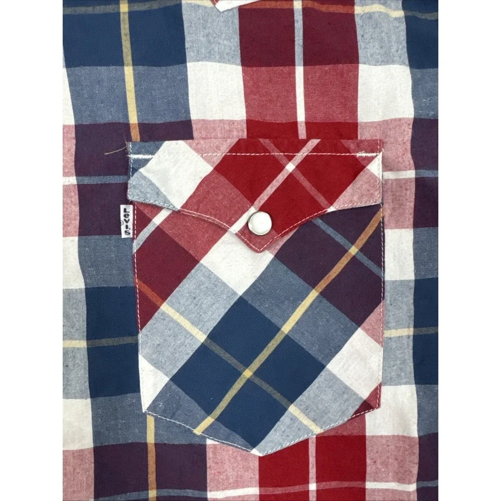 Levi's Flannel Plaid Pearl Snap Button Up Shirt Mens XL Red White Blue Standard